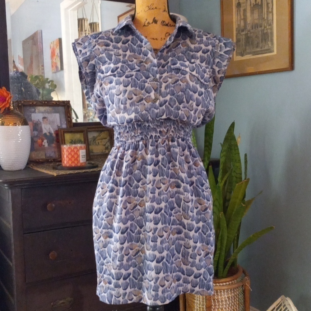 BCBGeneration Blue Multicolored Abstract Print Open Back Shirt Dress